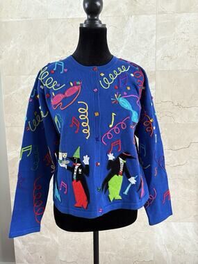 VTG Christina Rotelli NYE Cardigan - M, Blue Embroidered Maximalist Party Knit